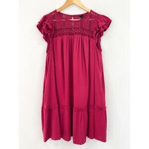 Torrid 1X Women's Berry Red Shift Dress Mini Rayon Slub Crochet Yoke Shift Dress
